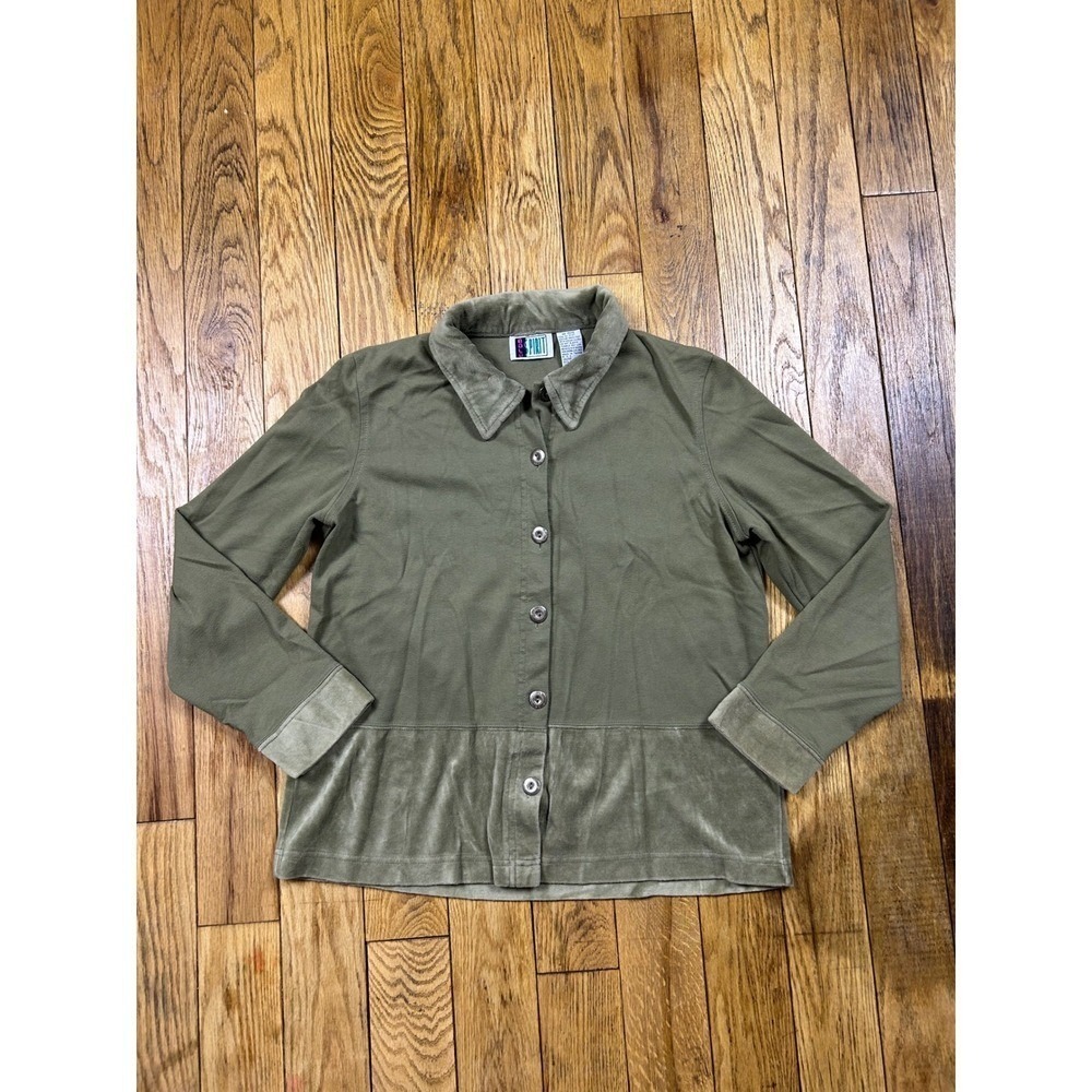 Bold Spirit‎ Button Up Top Velvet Trim Olive Green Casual Shirt Jacket Women's S